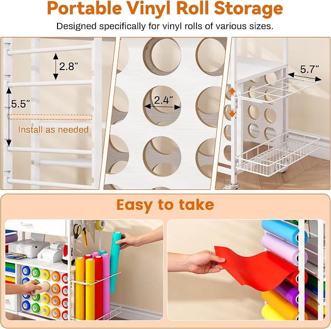 Rolling Craft Storage Cart,Table for Cricut Machines,36 Vinyl Roll Holders