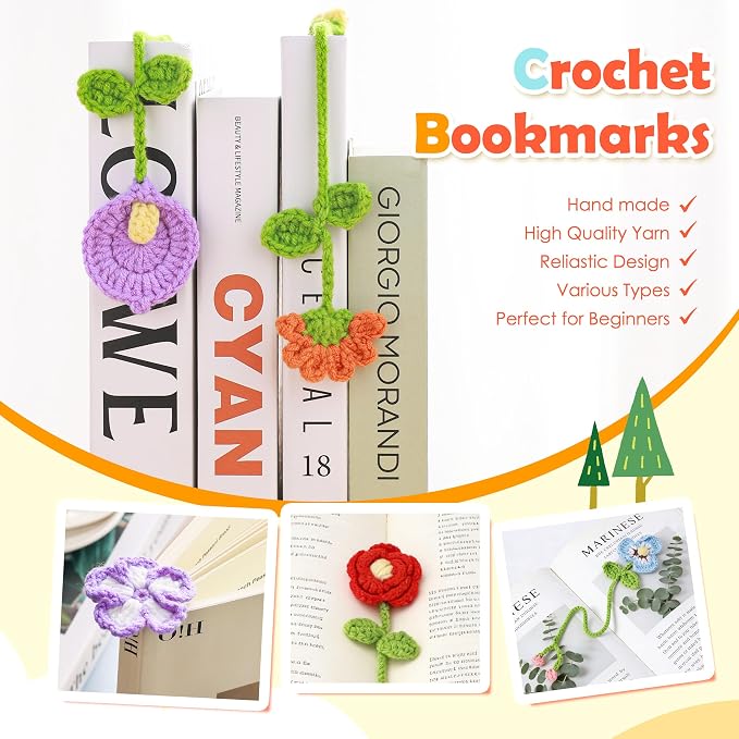 Joyclub Crochet Kit for Beginners 10 Flower Bookmarks for Adults | Flower bookmark with video and written guidance; first projects and handmade gifts for crochet starter book lovers teacher