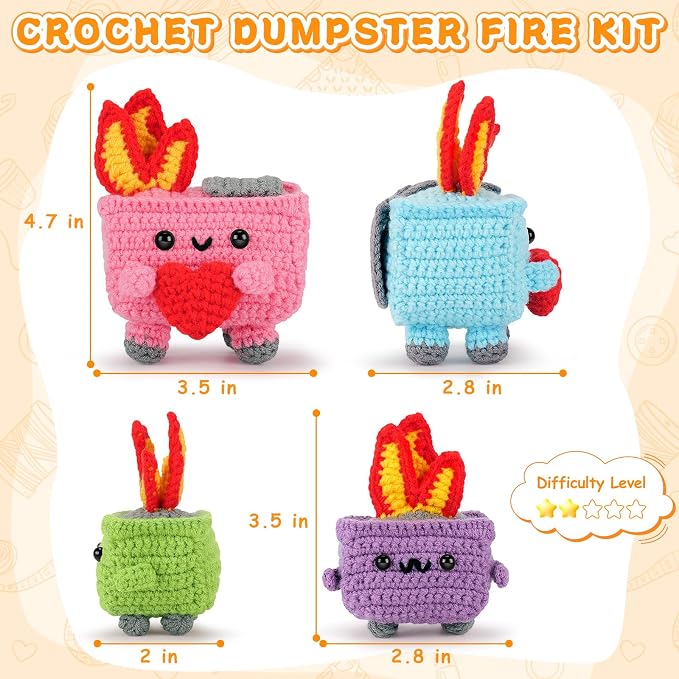 Crochet Kit for Beginners, 4PCS Dumpster Fire Crochet Starter Kit