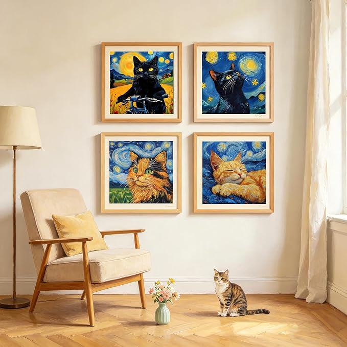 Canrichshop 4 Packs Black Cat Paint by Number Kit for Beginner with Frame,Paint by Numbers Kits on Canvas, DIY Number Painting for Adults for Decor 8X 8 inch