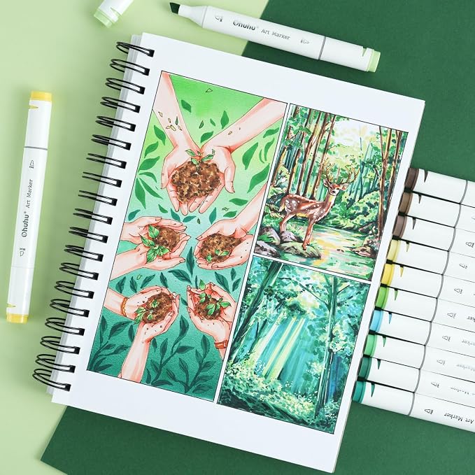 Ohuhu 7"x10" Double-Sided Bleedproof Marker Pad Art Sketchbook 60 Sheets | Large Sketch Book - 90 LB/150 GSM Smooth Drawing Paper - 60 Sheets/120 Pages - Spiral-Bound Sketch Pad for Alcohol Markers