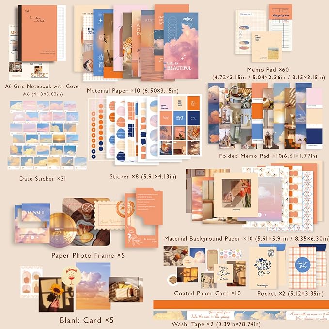 Scrapbooking Supplies Kit, A6 Grid Notebook, Aesthetics Junk Journal Kit