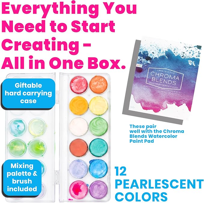 Ooly Chroma Blends Pearlescent Watercolor Set, 12 Colors | Ages 6+, 12 Vibrant Pearlescent Colors in a Portable Case, Brush Included, Watercolor Art Supplies for Kids and Adults