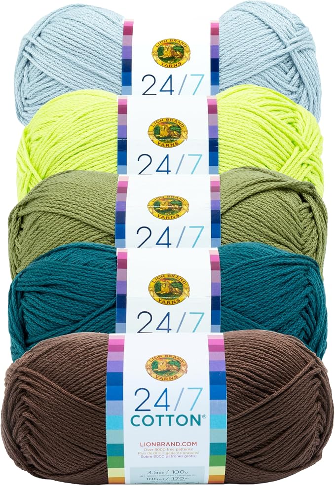 Lion Brand Yarn, 24/7 Cotton Mercerized Lightweight Yarn for Knitting, Crochet, and Crafts, Firefly, 5 Pack, Multicolor Pack of Natural Fiber for Breathable Tops, Durable Bags, and Dish Cloths