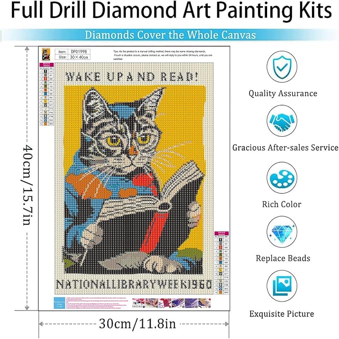Diamond Art Kits for Adults,Reading Cat Diamond Painting Kits 12x16in