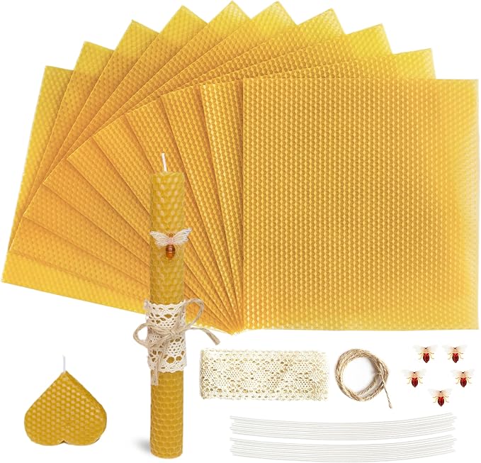 Lacaser Beeswax Candle Making Kit, 10pcs 8"x 8" 100% Beeswax Sheets for Candle Making -Include Bee Ornaments, Lace, Cotton Wicks & Hemp Rope, DIY Candles Making Supplies