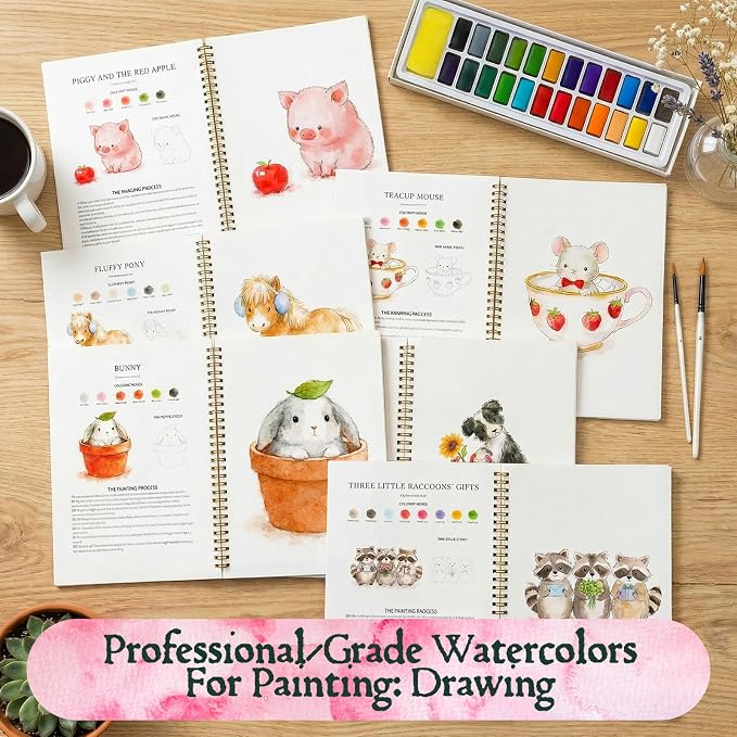Watercolor Workbook for Beginners,18 Whimsical Farm Animal Water Coloring Book,Relaxing & Easy to Paint Water Coloring Book with 24 Colors-Perfect for Gifting to Creativity & Joy for Adults