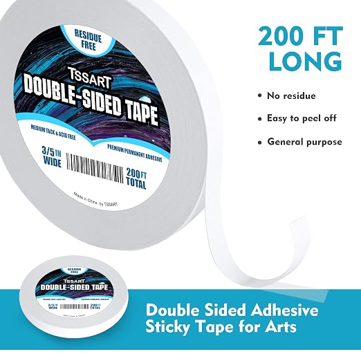 Ultra-Thin Permanent Double-Sided Tape - Double Sided Adhesive Sticky Tape for Arts, Crafts, Photography, Scrapbooking, Tear-by-Hand - Acid Free 3/5 Inch Wide 200FT Long Total