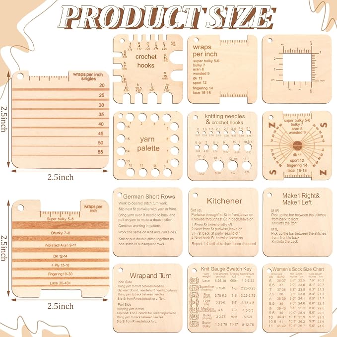 Eersida 15Pcs Wooden Knitting Gauge Set Yarn Tool with Ruler & Chain, Basic