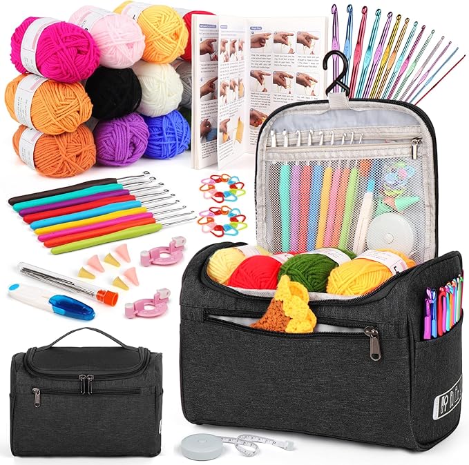 Aeelike Crochet Kits for Beginners Adults Kids, Complete Crochet Set, Black | Crochet Kit for Beginners Young and Old, All-inclusive Kit with Crochet Hooks 655 Yards Yarn Instruction Knit Bag, Ideal Gift