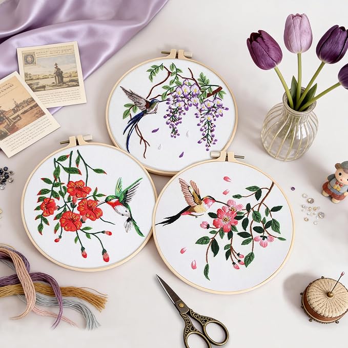 Embroidery Kit for Beginners,3 Pack Hummingbird and Flower Cross Stitch Kits for Adults,Needlepoint kit with Stamped Patterns,Hoop,Threads for Craft Lover,Hand Stitch with Embroidery Skill Techniques