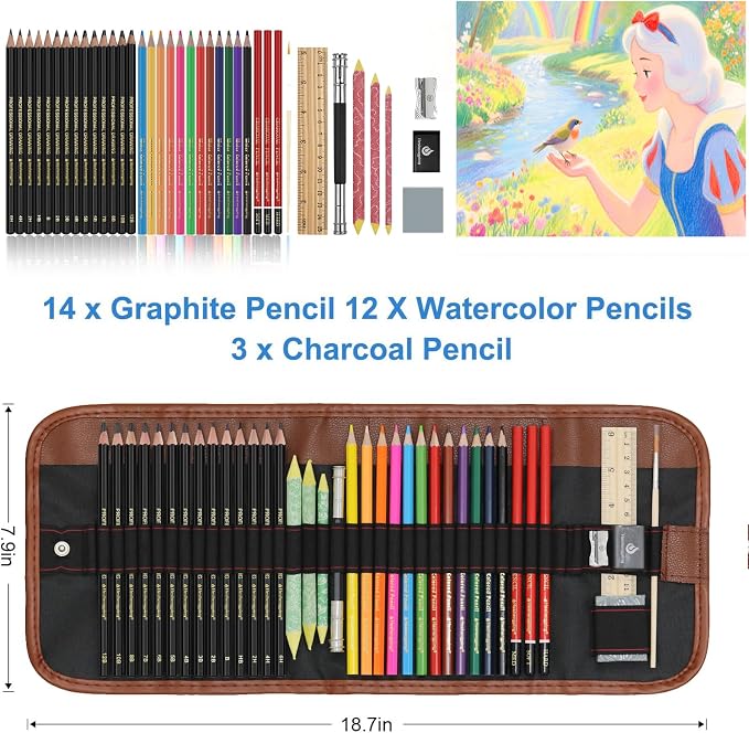 Heshengping, Sketching Pencil Set Drawing Pen Charcoal Sketch Kit Cover Graphite Charcoal Watercolor Pencils Paper Erasable Pen Beginners Artist Children and Adults(39pcs Art Supplies)