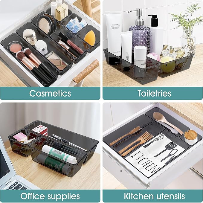 25 PCS Plastic Drawer Organizer Set, Makeup Organizers and Storage Bins | 4 Sizes Desk Drawer Divider Organizers and Storage Bins for Jewelry, Gadgets for Kitchen, Bedroom, Bathroom, Office, Black