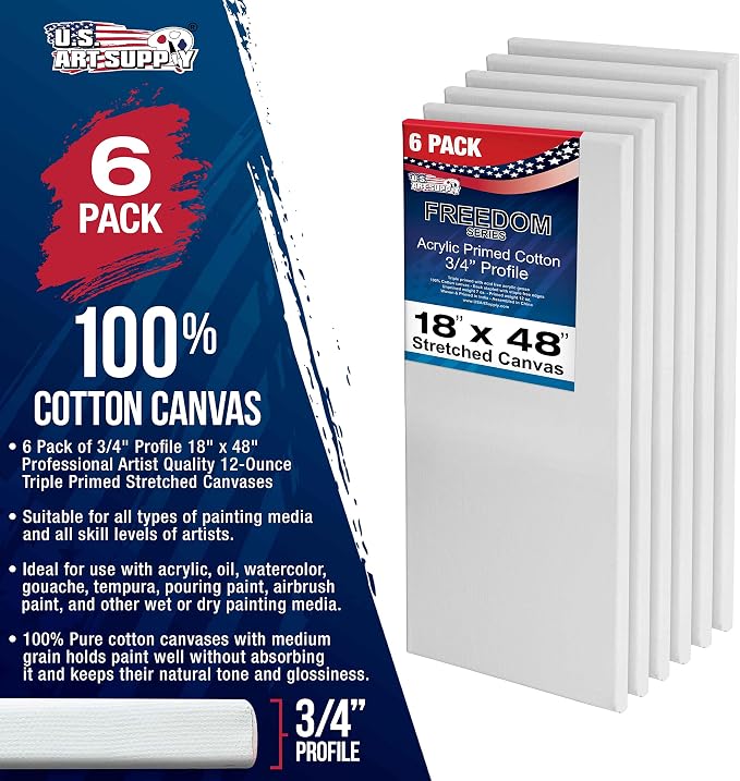 U.S. Art Supply 18"x48" Stretched Canvas for Painting, 3/4" Profile, 6-Pack