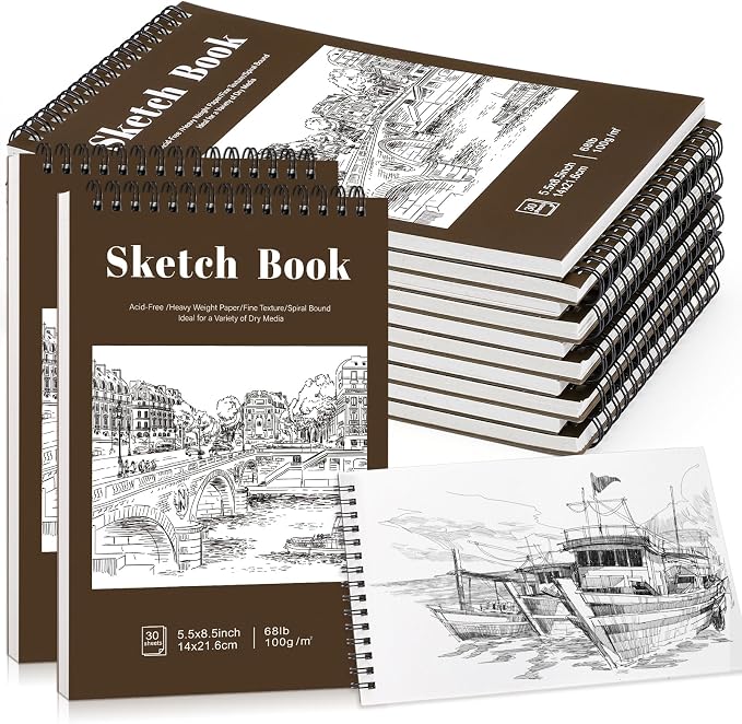 12 Pack Sketch Books 5.5 × 8.5 in, Top Spiral, 100gsm Drawing Paper | Acid-Free Paper, 30 Sheets Each, Sturdy Backing, Portable Size, for Drawing, Sketching & Class Use