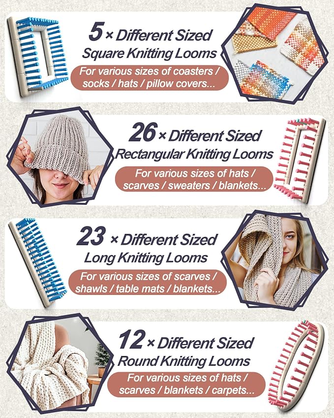 UCDRMA Upgraded Large Adjustable Loom Knitting Kit with Removable-pegs, Up to 132 Sizes & Shapes Weaving Knitting Loom for Blankets/Scarves/Hats, Beginners Infinity Crochet Loom Kit with Instructions