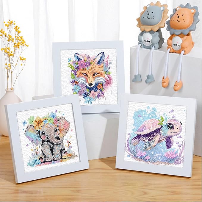 VividMeng 4 Pack Diamond Art Kits for Kids, 5D DIY Cute Animals Diamond Painting Kit for Kids Beginners, Gem Art by Number Kits for Boys Girls Ages 6-8-12-14, Home Wall Decor Gift for Party 6X6inch