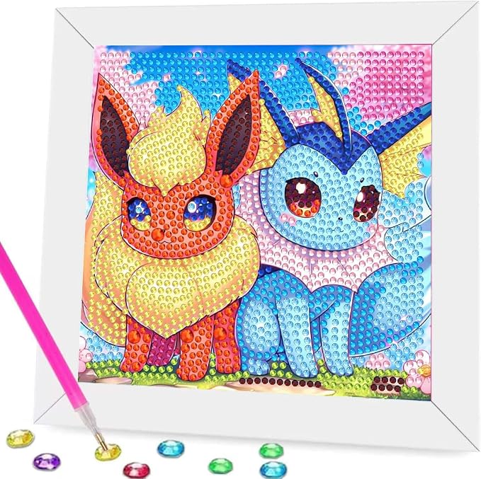 Fuinkqe Diamond Art Kits for Kids with Frame, Cartoon Diamond Painting Kits for Kids Ages 4-8-12, Easy Kid Gem Mosaic Kits with Beautiful Package for Gift Home Wall Decor (7x7 inch)