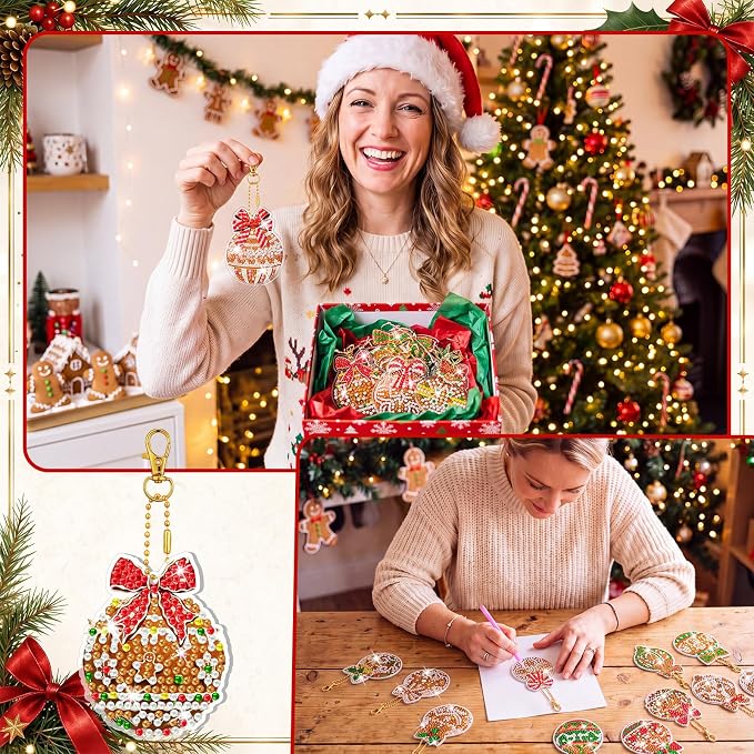 Tondiamo 20 Pcs Christmas Gingerbread Ball Diamond Painting Keychains Kit, Xmas Bauble Ornaments DIY Diamond Art Key Pendant Set for Xmas Tree Decor Party Favors Gift