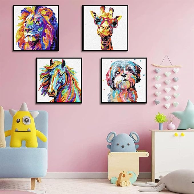 cviokrdu 4 PCS Diamond Art Kits for Kids, Animals Diamond Art for Kids Ages 4 8 12, Cute Horse Lion Dog Deer Gem Art Kit Crafts Beginners for Gift Home Wall Decor (6x6inch)
