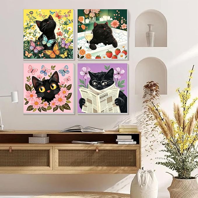 4 Pack Cat Paint by Numbers for Adults with Framed Canvas - Wooden Easel | Black Cat Paint by Number on Canvas, DIY Flower Acrylic Oil Painting Kits with Brushes for Home Wall Decor (8x8 inch)