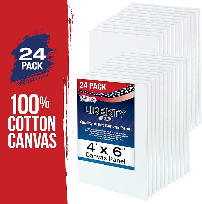 U.S. Art Supply 4 X 6 Inch Art Canvas Board Panels 24 Pack - 8 Ounce | Heavyweight Cotton Acid Free Canvases for Painting Acrylics and Watercolor (1 Case of 24 Single Canvas Painting Panels)