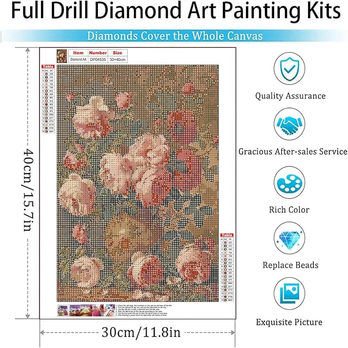 Diamond Art Kits for Adults,Vintage Flowers Diamond Painting Kits 12x16in