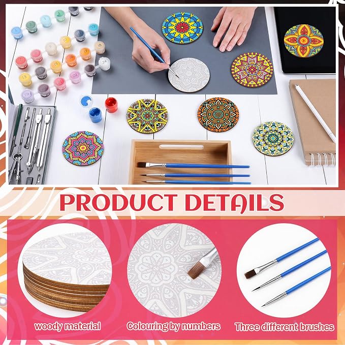 Reallnaive 8 Pcs Mandala Paint by Numbers Kit for Adults Wooden Coasters | Mini Floral Paint by Numbers, Tiny Flower Round Oil Painting Drink Coaster with Holder, for Small DIY Craft Birthday Gift