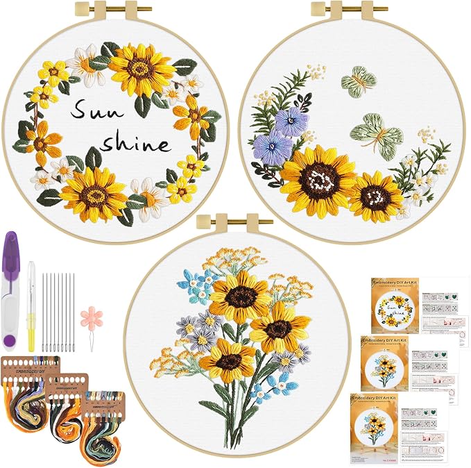 ERKOON 3 Sets Embroidery Kit, Floral Cross Stitch Set for Include Embroidery Cloth Hoops Threads for Craft Lover Hand Stitch (Sunflower)