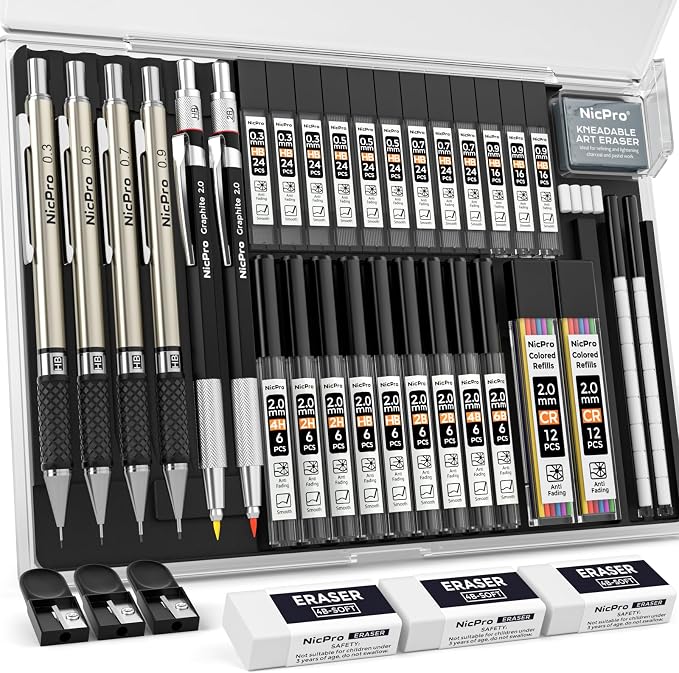 Nicpro 37PCS Art Mechanical Pencil Set, 4PCS Metal Drafting Pencil | 0.3mm, 0.5 mm, 0.7 mm, 0.9 mm & 2PCS 2mm Lead Holder (6B 4B 2B HB 2H 4H Colors) For Sketching Drawing With 23 Tube Lead Case