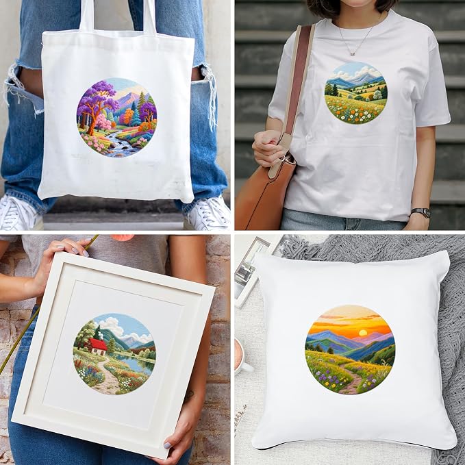 BEUNITONE 4 Set Fairy Tale Landscape Embroidery Kit for Beginners 7.9"x7.9" Pre-Stamped Pattern Needlepoint Kits with Hoop, Tools & Instruction, Handamde Embroidery Kits for Fabric and Home Decor