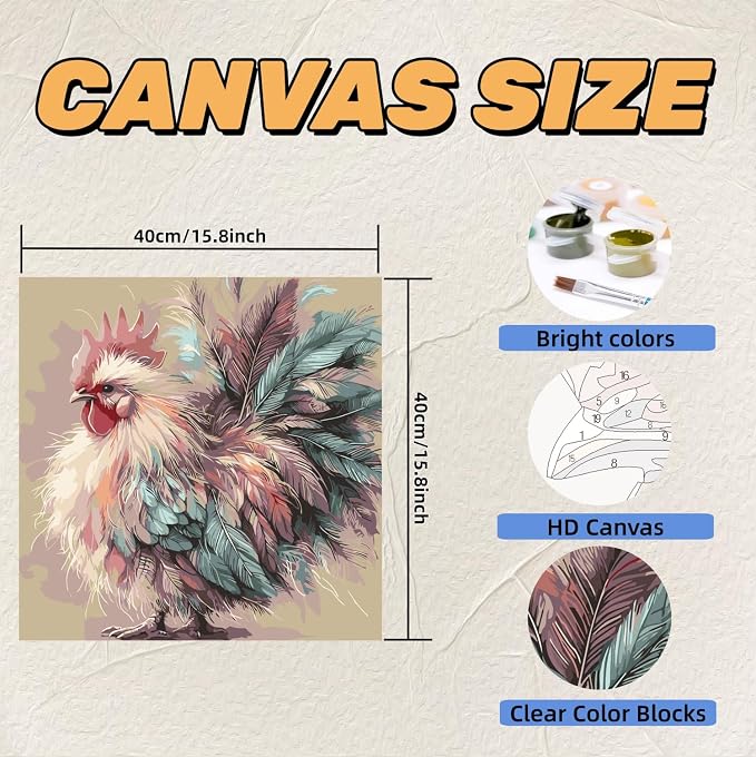 Colorful Rooster Paint by Numbers Kit for Adults Beginner,Cock Oil Painting Kit Adult Paint by Number Kits on Canvas,DIY Chicken Painting for Beginners Art by Numbers Home Wall Decor 15.8x15.8 Inch