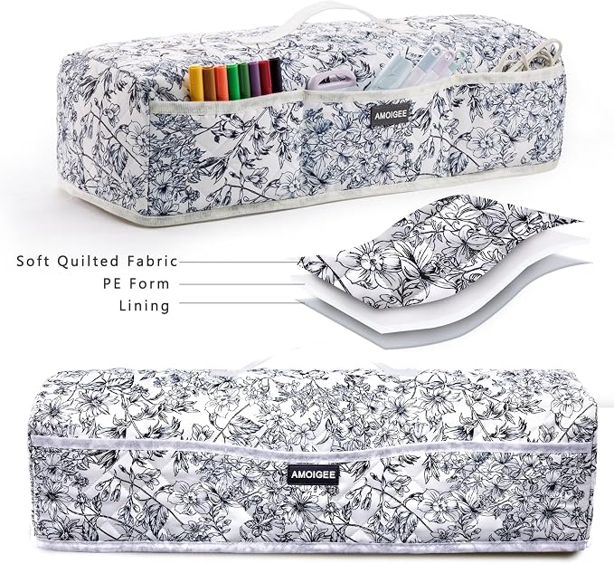 AMOIGEE Dust Cover for Latest Cutting Machine Cricuttt Explore 5, Quilted Protective Cover with Storage Pockets for Cutting Machine, Floral Fabric Anti-Dust Cover for Craft Machine Organizer