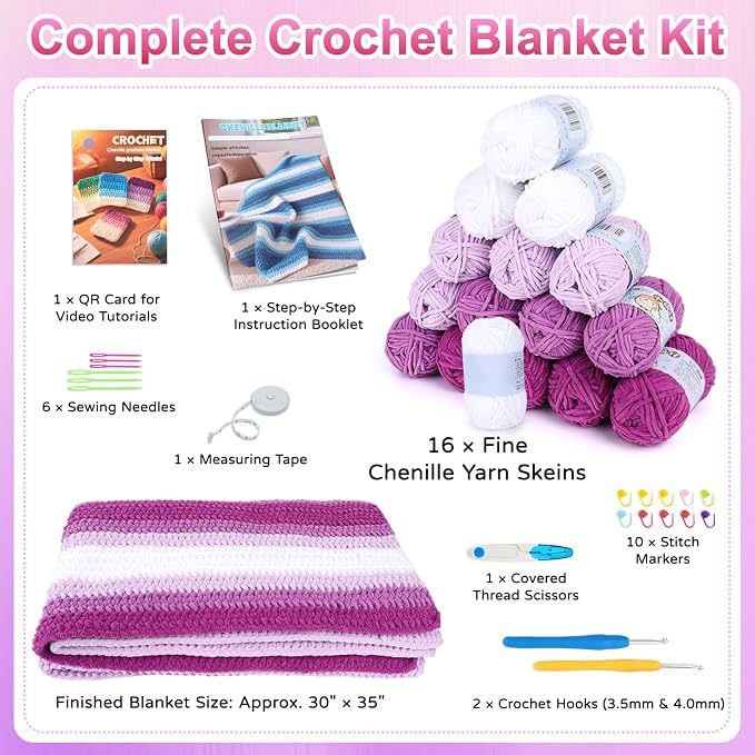 Reessy Crochet Blanket Kit for Beginners Adults – Gradient Purple Ombre Throw Blanket Kit with Soft Chenille Yarn, Hooks & Instructions – Handmade Crochet Starter Set for Adults
