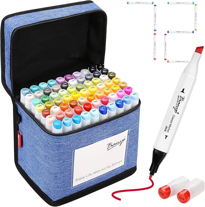 Bianyo 72 Colors Alcohol Markers, Dual Tip Fine & Chisel Art Markers with Blue Carry Case for Adult Coloring Books, Illustration, Blending, Sketching & Drawing