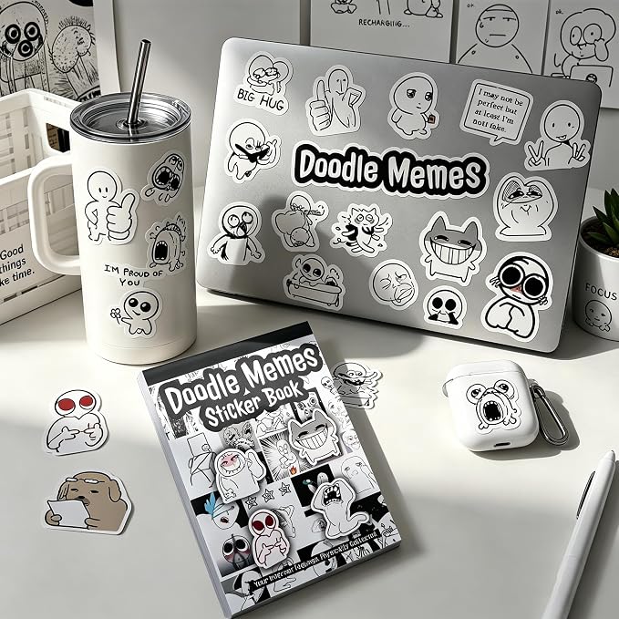 Tmtains Doodle Meme Sticker Book 460+Pcs 36 Sheets Black & White Cute Sticker Book funny meme stickers for Adults Die Cut Vinyl Stickers for ournaling Scrapbooking Phone Laptop Water Bottles DIY Gifts