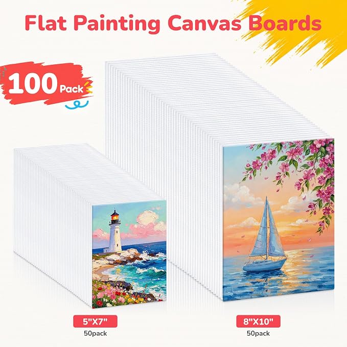 Painting Canvas Boards 100 Pack 5x7, 8x10 Inch, 50 of Each, Canvas Panels | for Kids,100% Cotton Primed Non Toxic for Acrylic Watercolor Paint