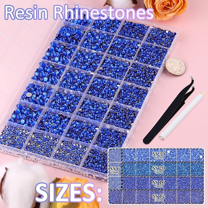 30000Pcs Resin Rhinestones for Bedazzling with Tweezers, Royal Blue Rhinestones for Crafting with 3Pcs 10ml B7000 Jewelry Glue for DIY Crafts Clothing Tumblers Shoes Fabric Nail Art