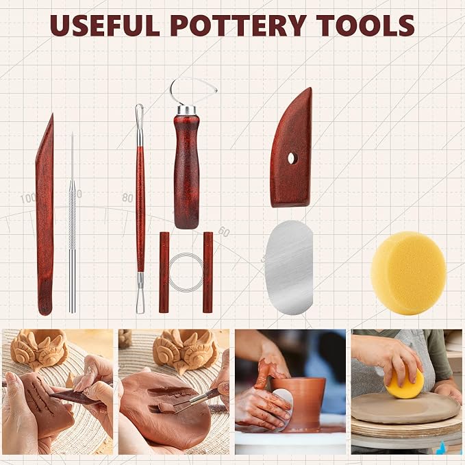 8PCS Stained Wooden Pottery Sculpting Tools, Wood Clay Cleaning Tool Set, Ceramic Modeling Tool for Carving, Molding, Cutting, Trimming, Pottery Wheel, Crafting, Beginners, Adults, Students