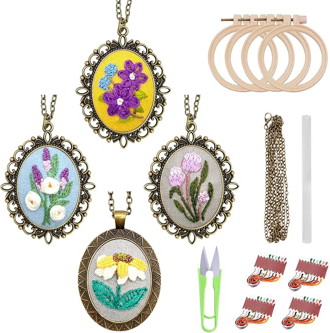 ZOCONE New 4 Packs Embroidery Necklace Kits, Embroidery Pendant Kit Mini Cross Stitch Kit with Hoop, Necklace, Pendant, Stamped Pattern Cloth, Instructions, etc., Embroidery Kits for Adults