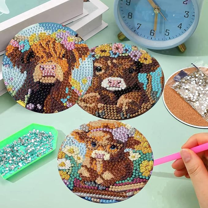 mrpwnle 8 Pcs Diamond Art Coasters Kits, Cow Diamond Painting Coasters Kits