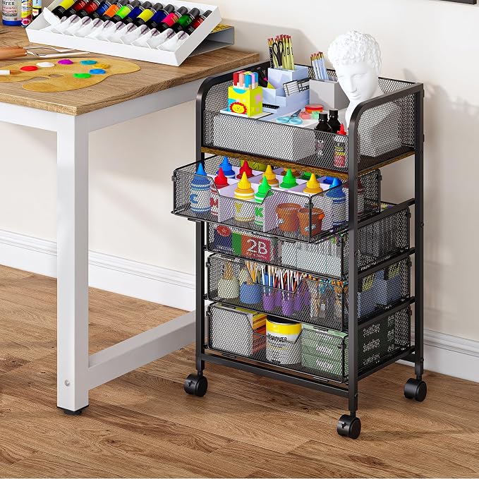 Yociyoga 5-Tier Craft Cart with Wheels-Rolling Storage Cart with Drawers,Rolling Utility Cart with DIY Divider,Art Supply Organizer Cart,Rolling Cart with Drawers,Craft Organizers and Storage,Black