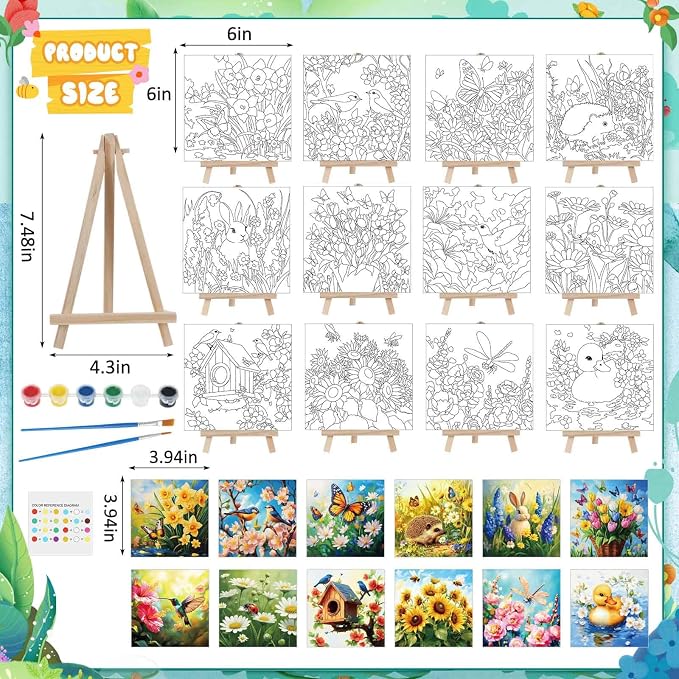 Tenceur 12 Sets Pre Drawn Canvas to Paint Adult Stretched Coloring Painting Canvas Panels with Design Easel and Brushes for Party Supplies Beginner Favor(Garden)