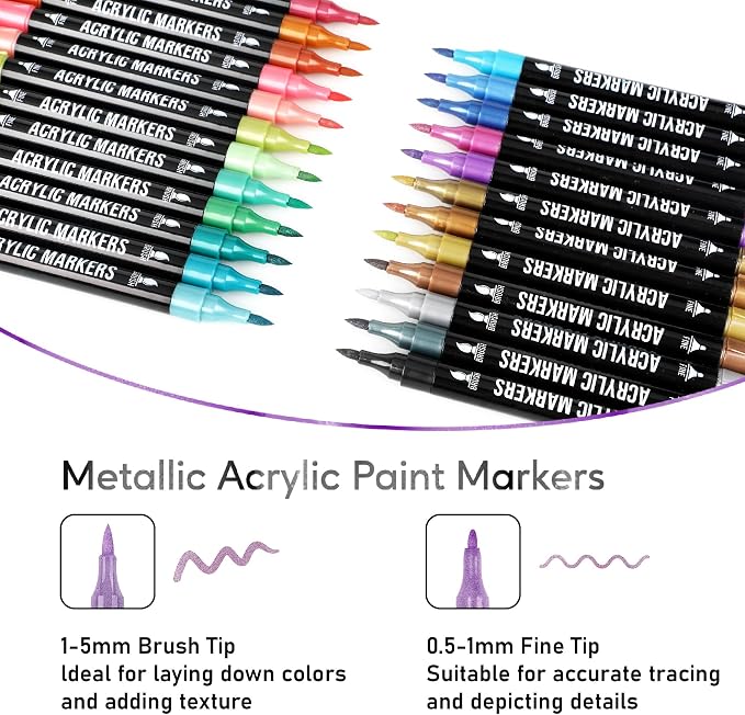 Pagather Metallic Acrylic Paint Markers, 24 Colors Dual Tip Pens Set | For Rocks, Fabric, Wood, Glass & More, Perfect for DIY Crafts and Creative Art Projects with Bright, Smooth and Quick-Dry Ink