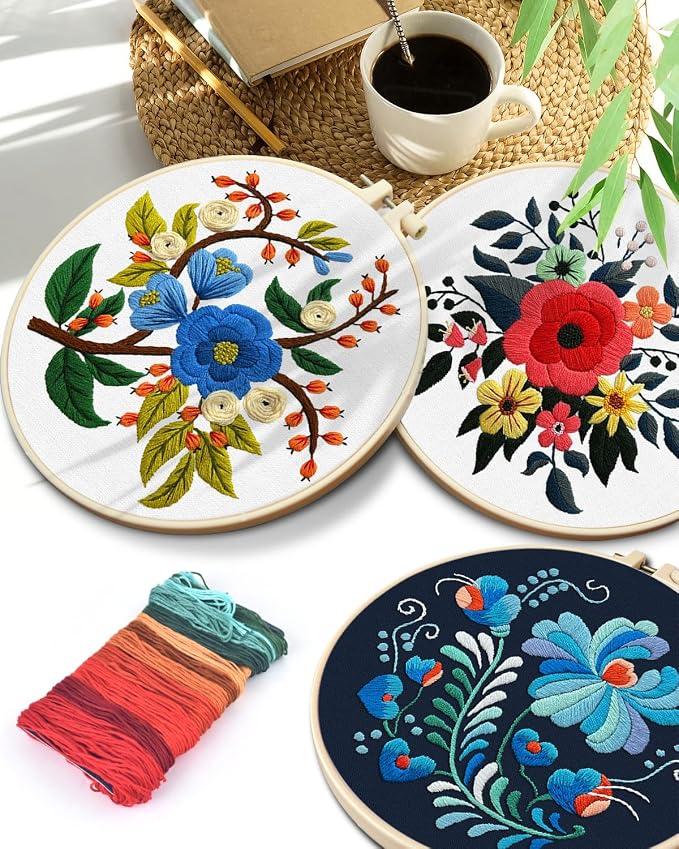 TINDTOP 3 Sets Embroidery Kit for Adults, Floral Embroidery Practice Kit