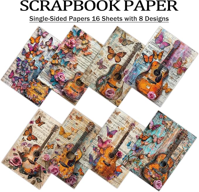 PRSTINCOL Scrapbook Paper,16 Sheets 4.1x5.8 Inch Guitar Butterfly Style Scrapbook Paper,Single-Sided Vibrant Origami Decoupage Papers for Diy Crafts, Card Making, Art Journaling