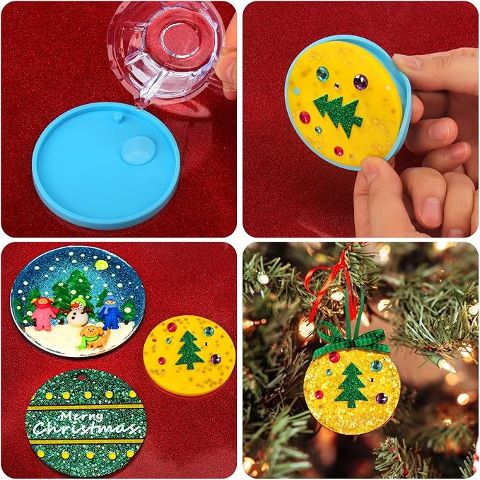 Juome Christmas Ornaments Resin Molds Silicone, Christmas Molds for Epoxy | 4 Pcs Round Shape Pendant Christmas Molds for Epoxy Resin, DIY Crafts Keychain Making Christmas Tree Decorations