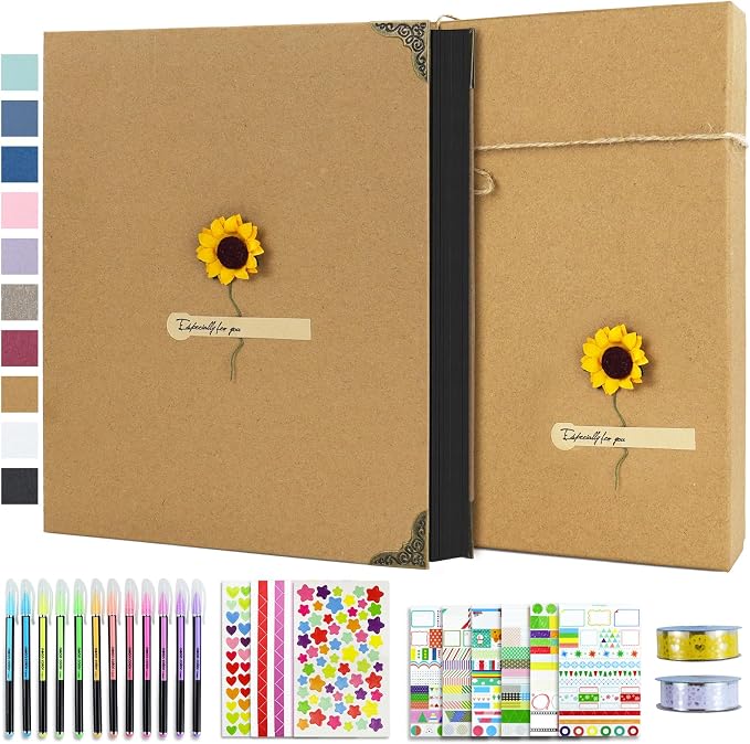 Vienrose DIY Scrapbook Photo Album Kit,8.5x11 Inch,60 Pages,Khaki | 30 Sheets,Hardcover,3-Ring Removable Black Paper,Pens,Tapes,Stickers,Gift for Lover Friends Kids Wedding Valentine's