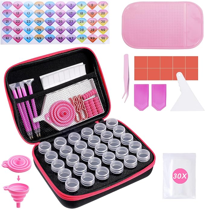 LYMUSUMI 30 Slots Diamond DIY Art Storage Containers | Portable for Adults Bead Storage Boxes for Diamond Painting Accessories and Tools（Rose Red）