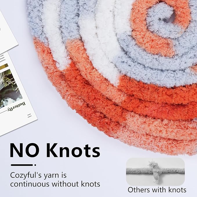 Cozyful Chunky Yarn for Hand Knitting - #10 Chunky Chenille Blanket Yarn, Jumbo Big Thick Chunky Yarns for Crocheting, Tie Dye Bulky Knit Yarns, 8 Skein (20 yds 8 oz Each Skein), Multi Orange&Grey